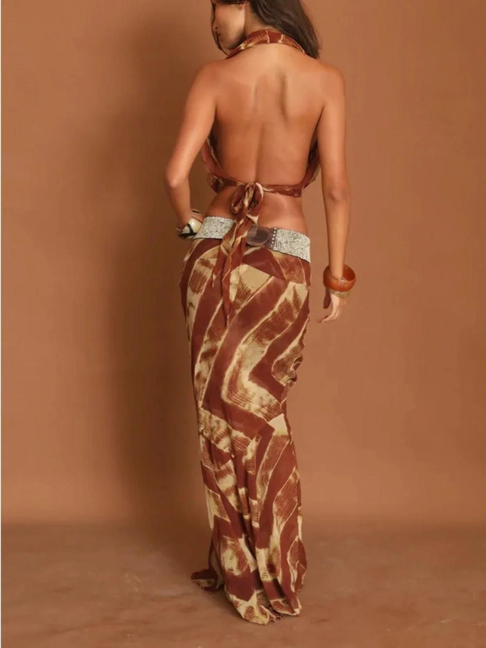 100% Silk Ranaco Atelier Ghana Sirene maxi skirt vacation sheer brown